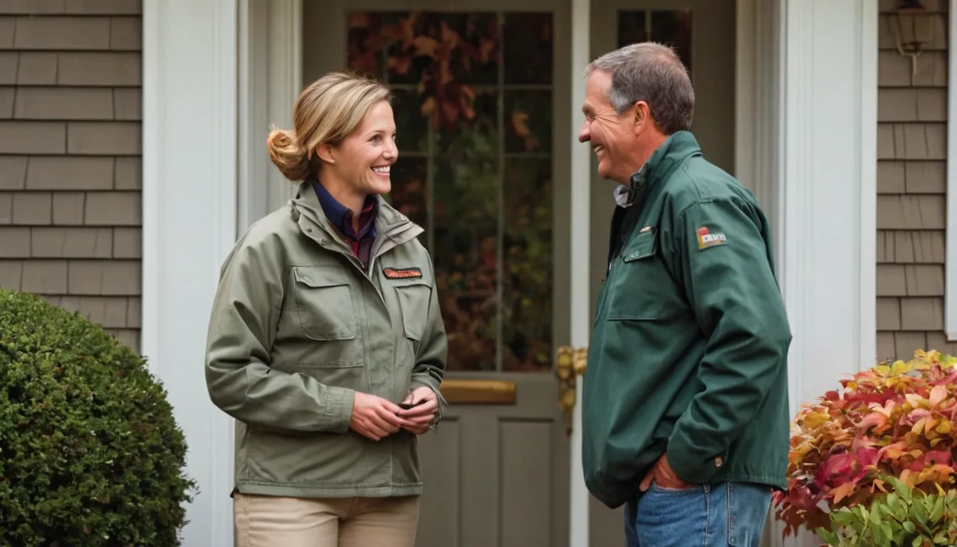 A homeowner talking with a pest control provider at a front door in Taunton on a crisp fall day