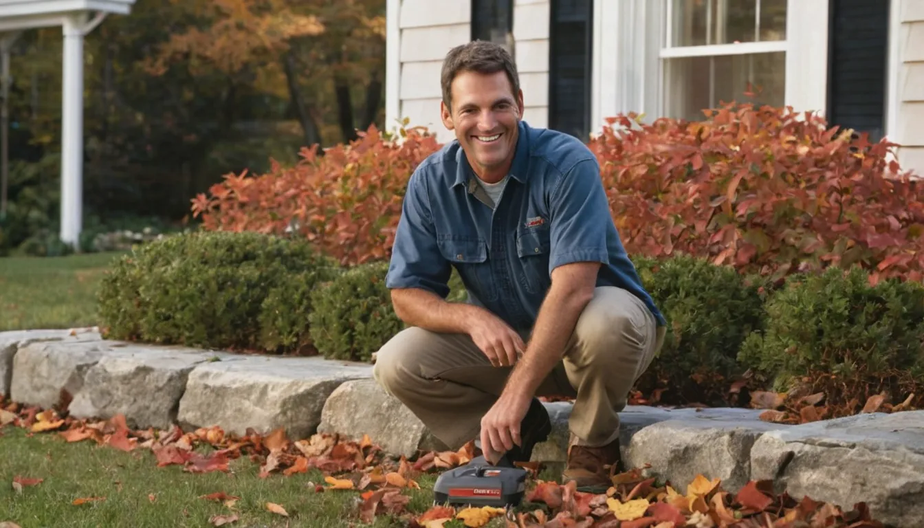 Friendly pest control provider talking with a homeowner beside an older Taunton home with a stone foundation in autumn