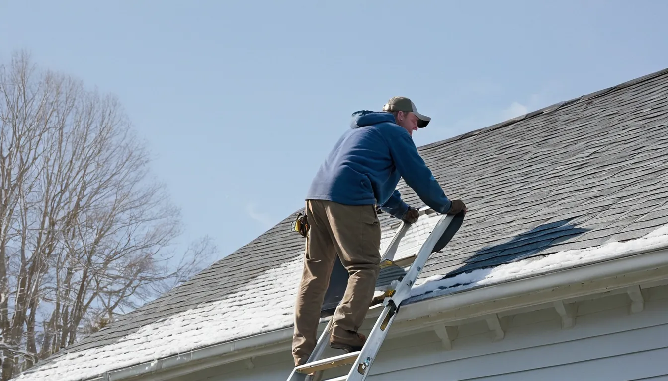 A friendly provider checking the roofline of a Taunton home for animal entry points
